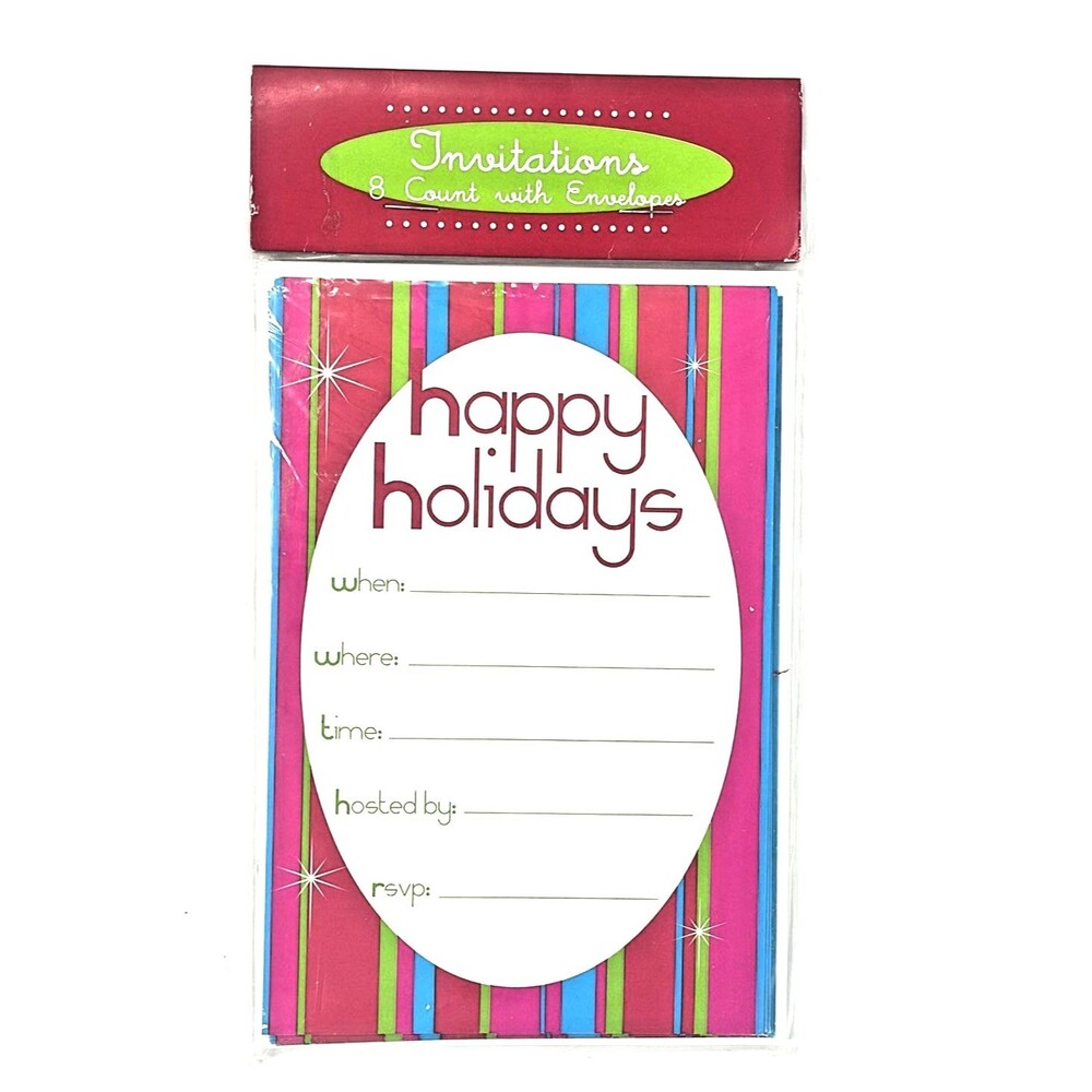 8 Pk Happy Holidays Party Invitations 4x6” Bright Color Stripes 50/60s Vibe 2004